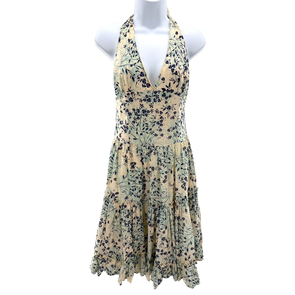 Ted Baker Halter Mini Dress Blue Floral Open Back Tiered Ruffle 100% Cotton S‎ 1